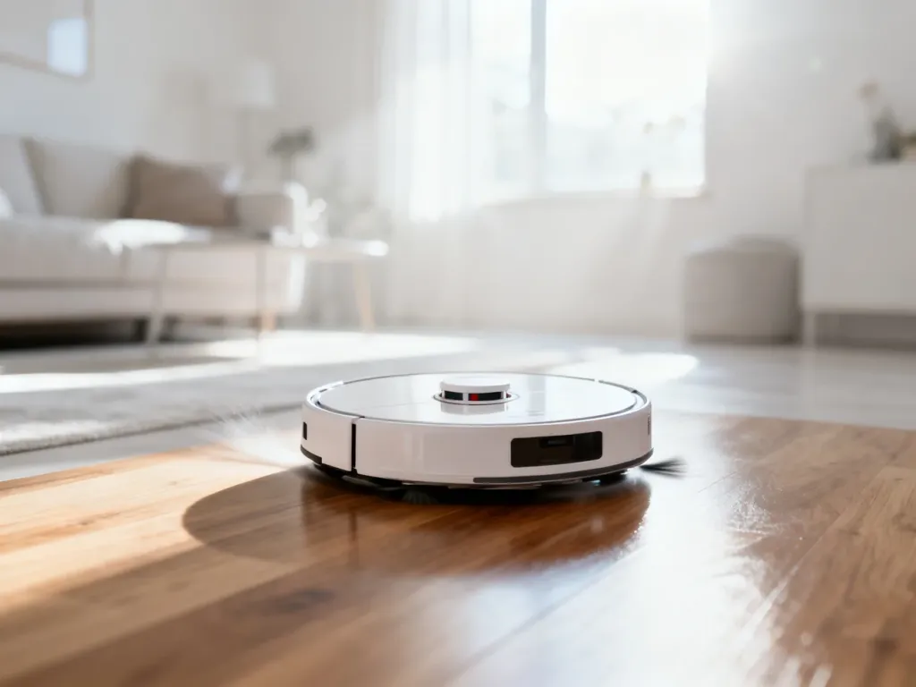 Nowoczesny robot sprzątający odkurza podłogę w jasnym, minimalistycznym salonie w stylu skandynawskim.