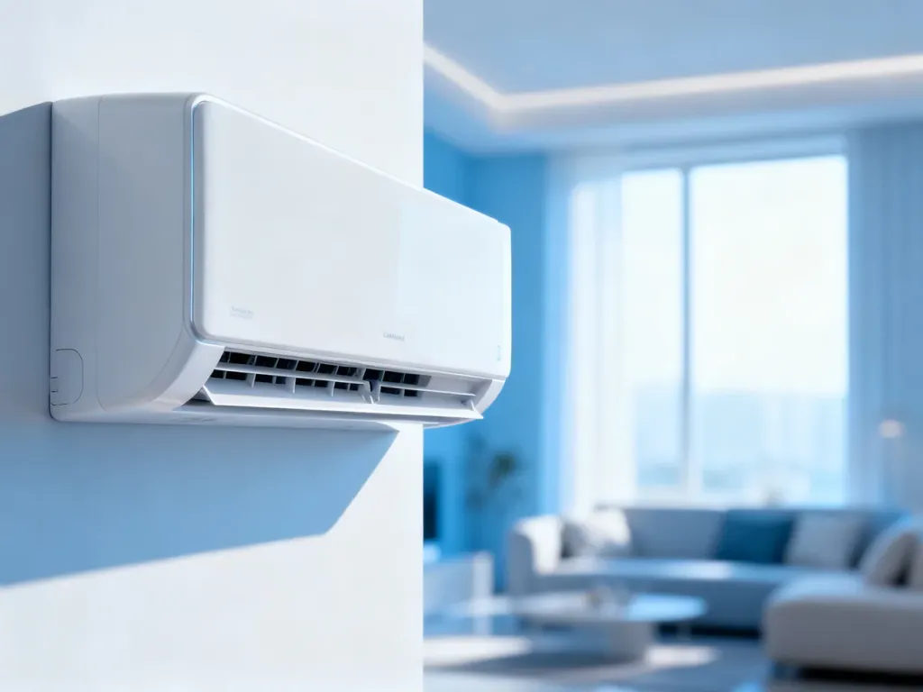 Nowoczesny klimatyzator Midea zamontowany na ścianie w jasnym, minimalistycznym salonie.