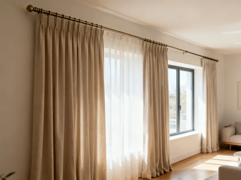 Eleganckie zasłony zawieszone na karniszu biegnącym przez całą szerokość ściany w nowoczesnym salonie.