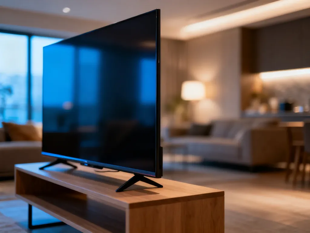 Nowoczesny telewizor 4K marki Hisense ustawiony na minimalistycznej szafce w przytulnym, stylowym salonie.